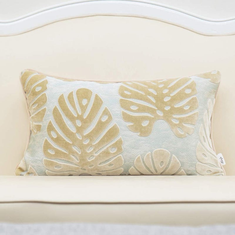 Alerfa 12 x 20 Inch Rectangle Leaf Pillow Embroidery Cut Velvet Cushion Case Luxury Modern Lumbar Throw Pillow Cover Decorative Pillow for Couch Sofa Living Room Bedroom Car, Beige - Image 1